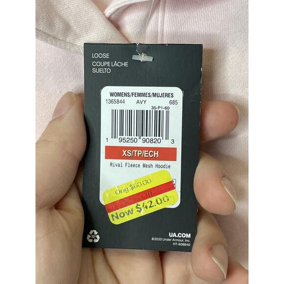 Under Armour Hoodie Womens XS Pink Rival Fleece Mesh Logo Pullover Sweatshirt - Picture 7 of 11